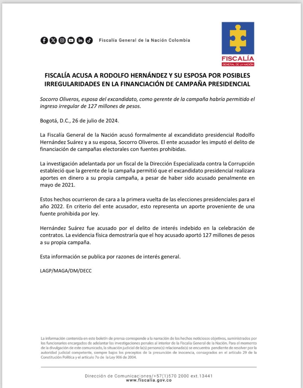 La Fiscalía General de la Nación acusa a Rodolfo Hernández y su esposa por irregularidades en campaña presidencial