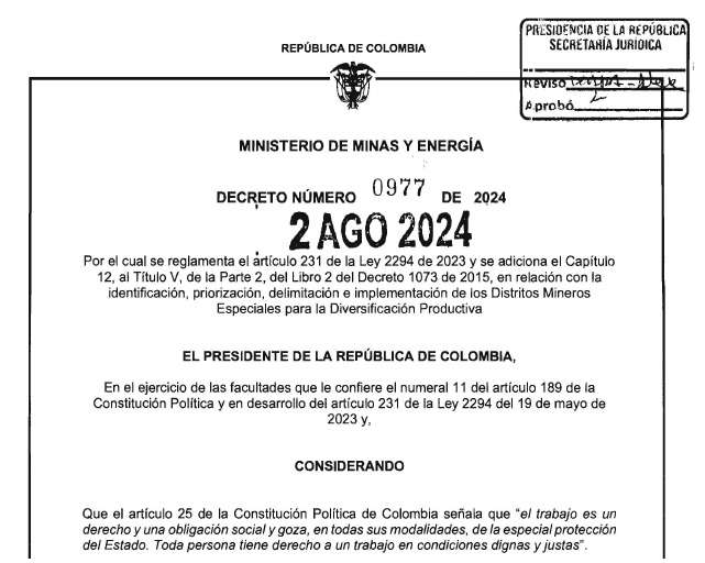 Gobierno Nacional firma decreto para crear Distritos Mineros Especiales