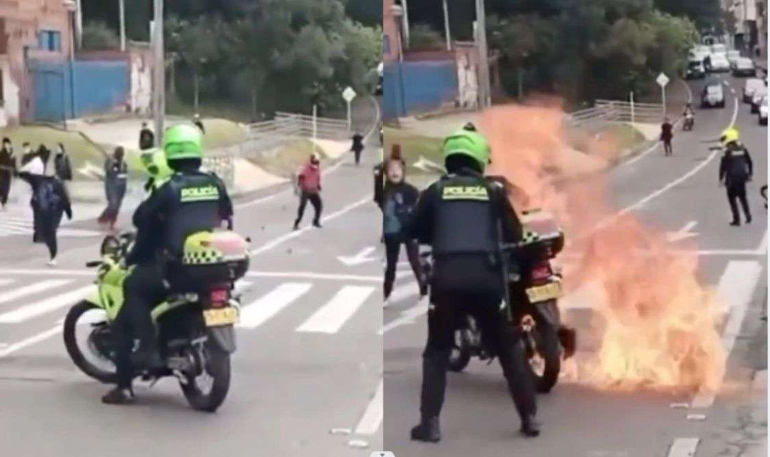 Encapuchados casi queman a dos policías durante protestas en la U. Distrital en Bogotá