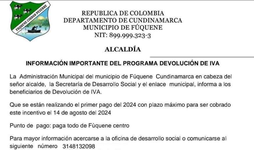 Beneficiarios de la devolución del IVA en Fúquene ya pueden reclamar su incentivo