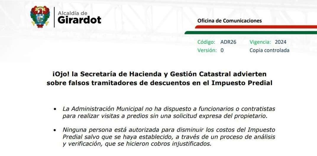 Alerta en Girardot por falsos tramitadores del impuesto predial