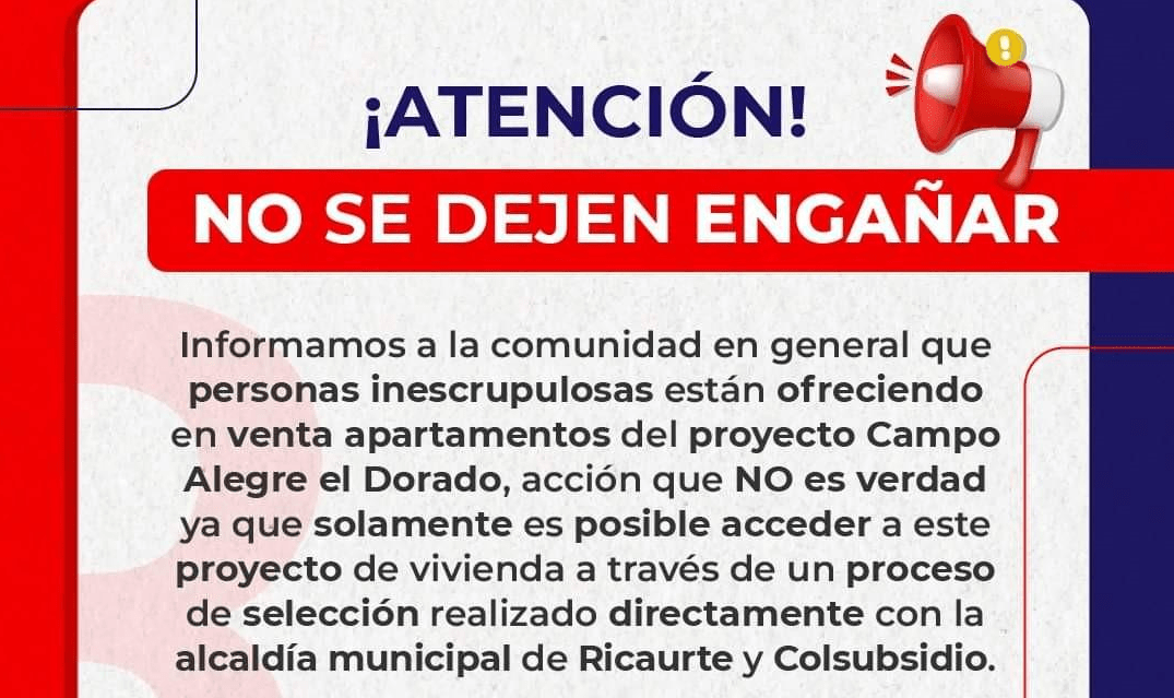 Administración de Ricaurte alerta sobre fraude en venta de apartamentos